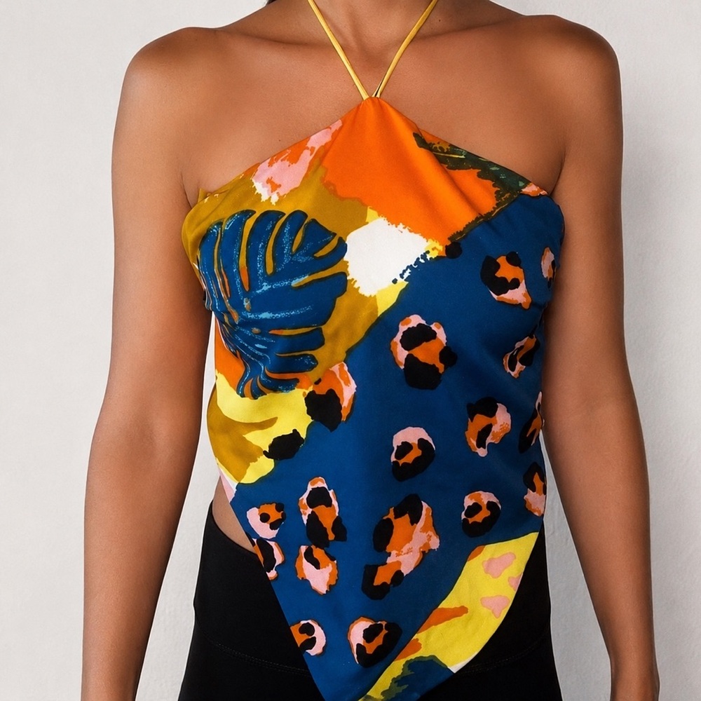 Colorful Tropical Leopard Print Halter Scarf Top Backless Size XS Boho Tank Top